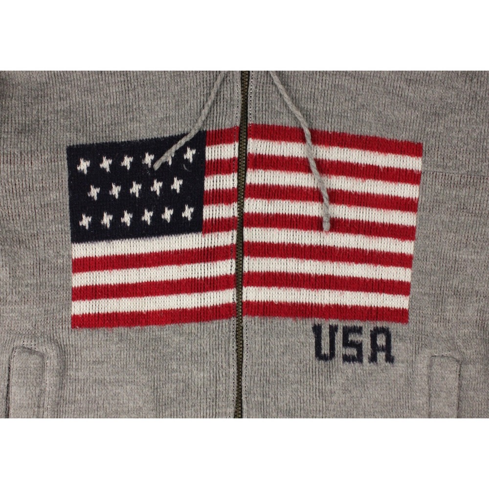 Vintage USA Flag Wool Hooded Zip Sweater Jacket Gray Patriotic Large - Picture 3 of 9